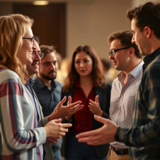 Un grupo de personas diversas conversando y gesticulando, representando la comunicación efectiva que se enseña en Oratoria Brillante.