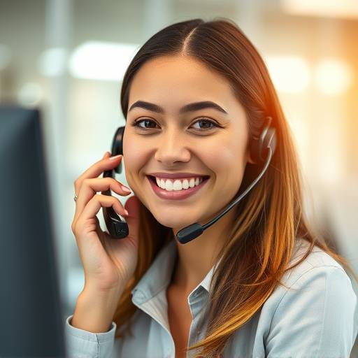 Una persona sonriendo mientras atiende una llamada telefónica, representando el servicio al cliente de Oratoria Brillante.